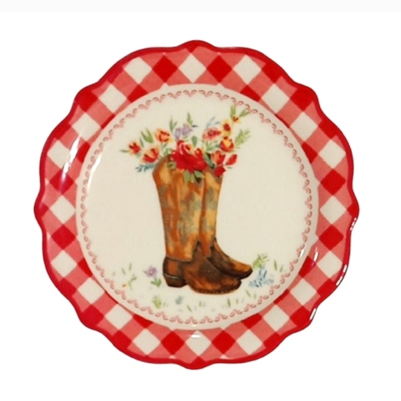 The Pioneer Woman Appetizer Plate Red White Gingham Boot Flowers Stoneware - Picture 1 of 4
